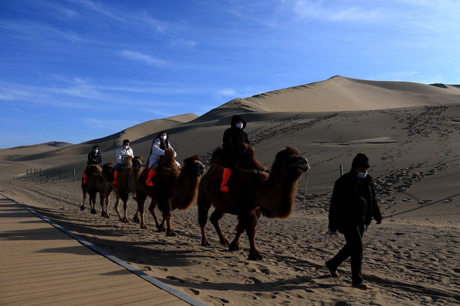 游客在鳴沙山月牙泉景區(qū)乘騎駱駝游覽。張曉亮攝